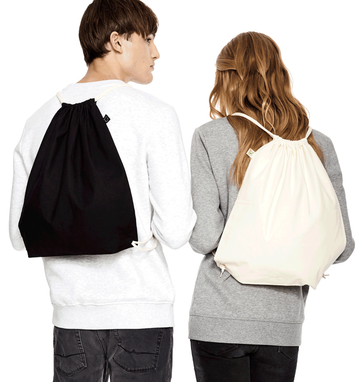 man and woman models wearing black and natural draw string bags