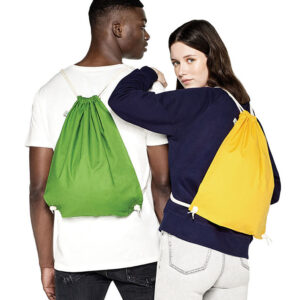 Man and woman models wearing draw string bags