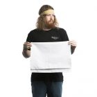 blank tea towel folded being held up by male