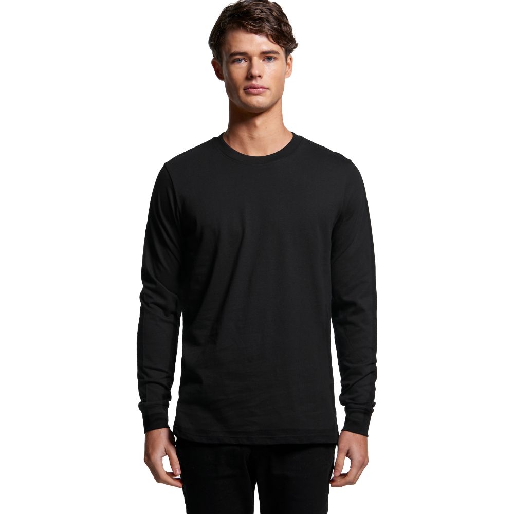 mens base organic long sleeve t-shirt in colour black worn by a male AS Colour model