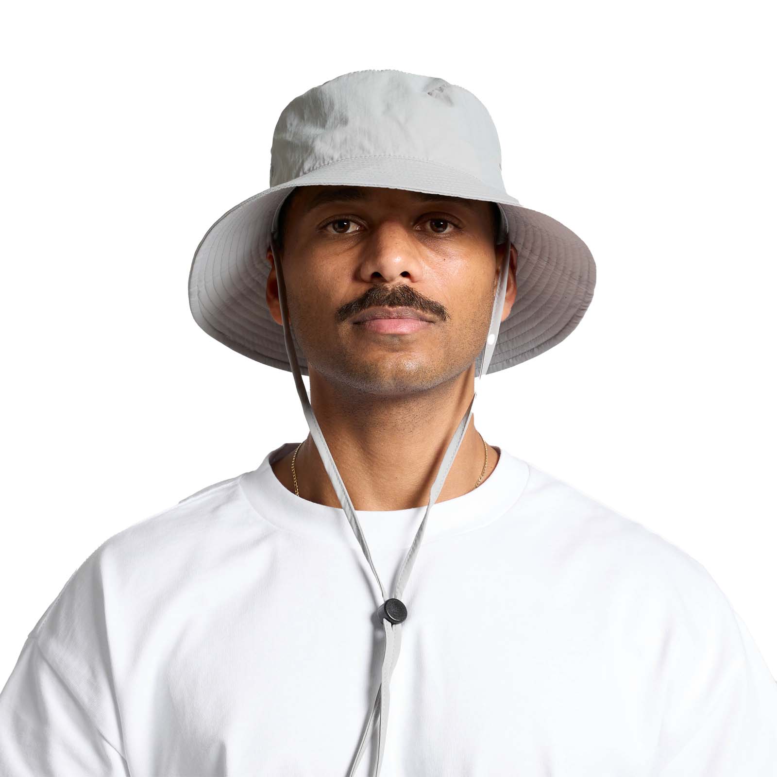 Nylon wide brim bucket hat worn by AS Colour model front view